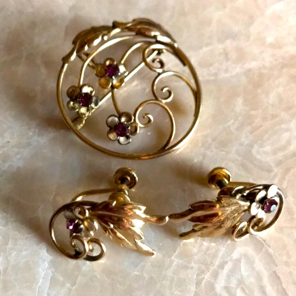 Vintage 12k GP sets earrings and pin set